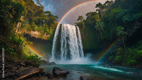 Big waterfall in tropical forest with rainbow above.