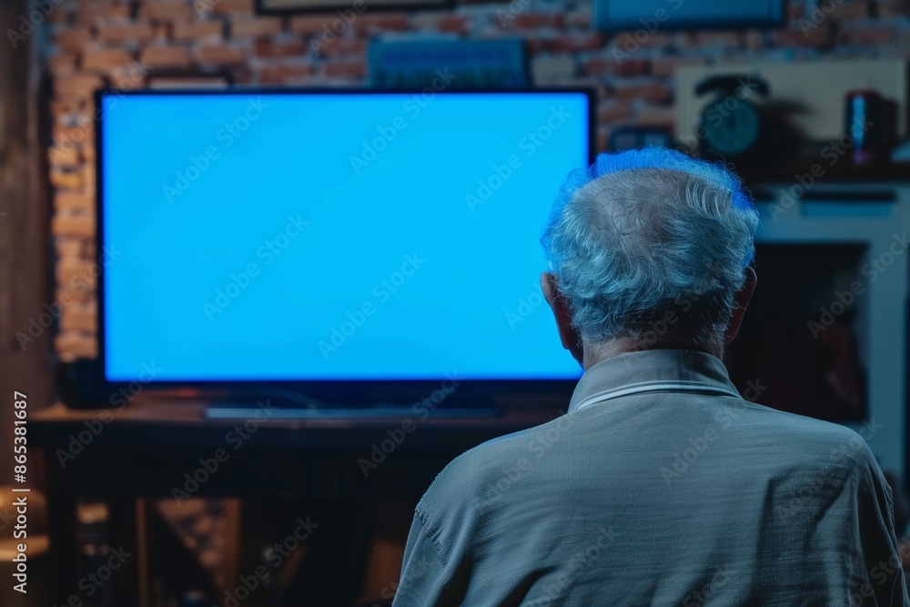 Display mockup from a shoulder angle of a senior man in front of an smart-tv with a completely blue screen Display mockup from a shoulder angle of a senior man in front of an smart-tv with a completely blue screen