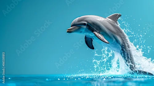 Fototapeta A playful dolphin mid-leap with a splash of water, against a bright blue background, positioned on the right side with the left side empty.