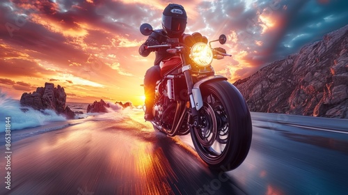 Motorcyclist Riding Along Coastal Highway at Sunset - Generative AI photo