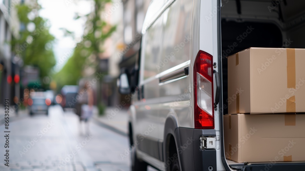 Couriers unloading cardboard packages from the back of a white delivery van, city street scene with shops and passing pedestrians, rear doors open Couriers unloading cardboard packages from the back of a white delivery van, city street scene with shops and passing pedestrians, rear doors open