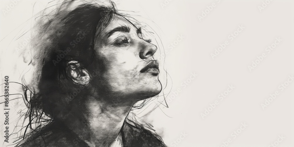 Expressive close up сharcoal sketch portrait of caucasian girl face with dynamic shading on neutral white background with copyspace Expressive close up сharcoal sketch portrait of caucasian girl face with dynamic shading on neutral white background with copyspace