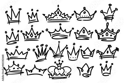 Sketch crown. Simple graffiti crowning, elegant queen or king crowns hand drawn. Royal imperial coronation symbols, monarch majestic jewel tiara isolated icons vector illustration set