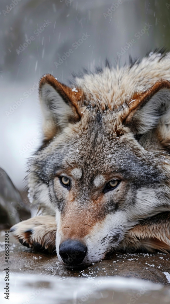 Fototapeta premium A tired exhausted wolf is laying on a rock in the snow, rain