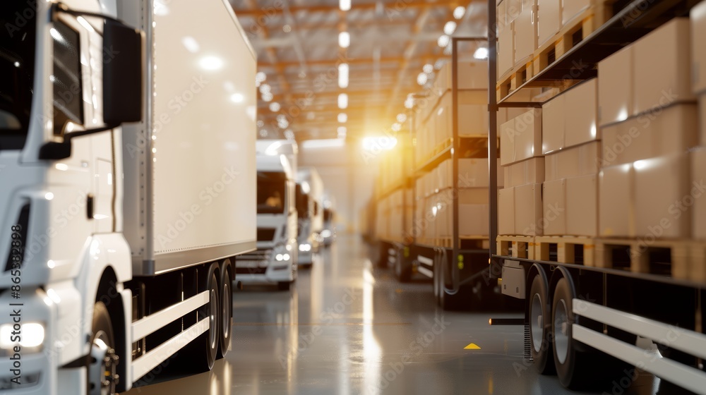 Distribution warehouse bustling with activity, various trucks of different capacities lined up, realistic and highly detailed, 8K resolution, workers loading and unloading cargo Distribution warehouse bustling with activity, various trucks of different capacities lined up, realistic and highly detailed, 8K resolution, workers loading and unloading cargo