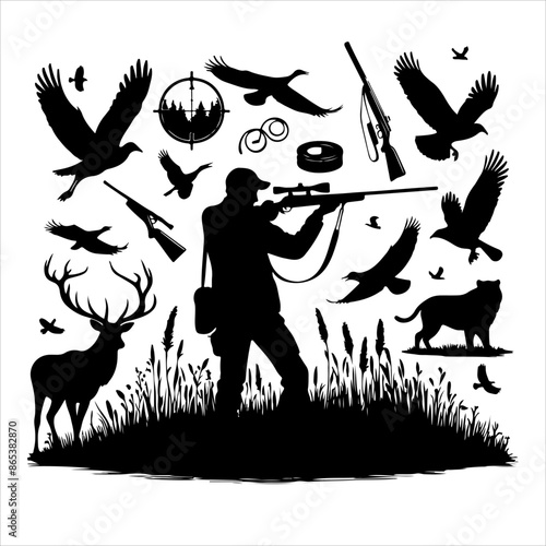 Deer Hunting Silhouette. Hunting silhouettes and labels vector set. Dear Hunting Vector Illustration