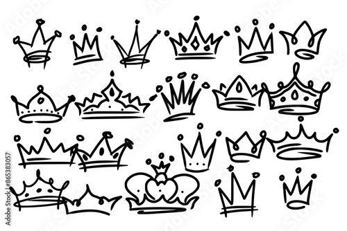 Sketch crown. Simple graffiti crowning, elegant queen or king crowns hand drawn. Royal imperial coronation symbols, monarch majestic jewel tiara isolated icons vector illustration set
