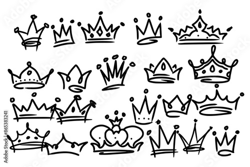 Sketch crown. Simple graffiti crowning, elegant queen or king crowns hand drawn. Royal imperial coronation symbols, monarch majestic jewel tiara isolated icons vector illustration set