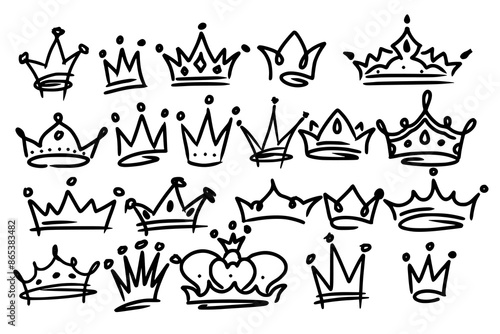 Sketch crown. Simple graffiti crowning, elegant queen or king crowns hand drawn. Royal imperial coronation symbols, monarch majestic jewel tiara isolated icons vector illustration set