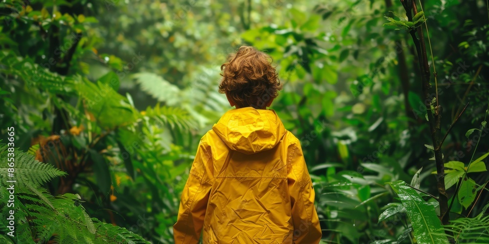 Little boy in a yellow raincoat walking in a lush green forest Little boy in a yellow raincoat walking in a lush green forest