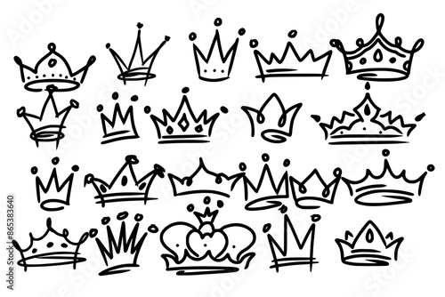 Sketch crown. Simple graffiti crowning, elegant queen or king crowns hand drawn. Royal imperial coronation symbols, monarch majestic jewel tiara isolated icons vector illustration set