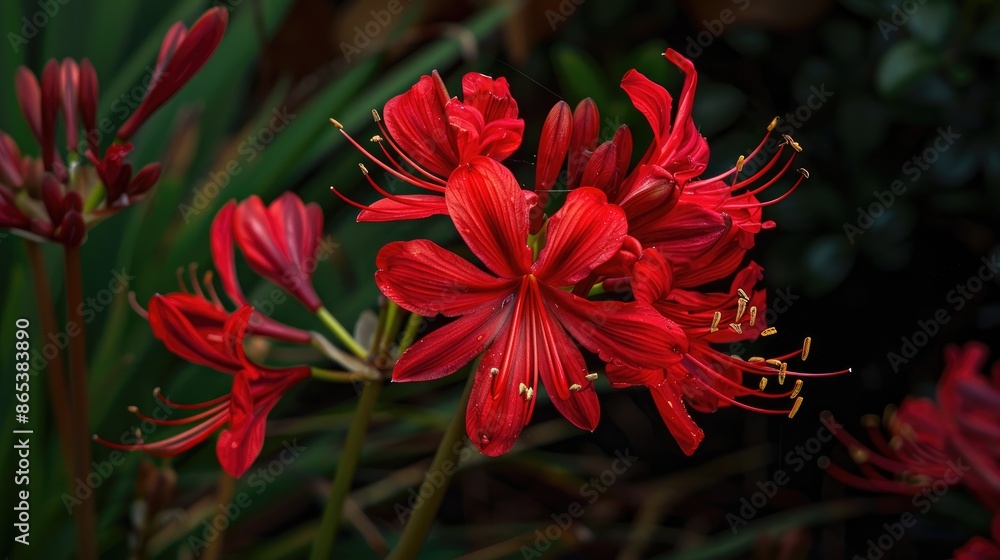 Blooming crimson flowers of Lycoris radiata in the fall Blooming crimson flowers of Lycoris radiata in the fall