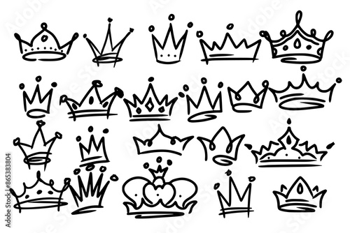 Sketch crown. Simple graffiti crowning, elegant queen or king crowns hand drawn. Royal imperial coronation symbols, monarch majestic jewel tiara isolated icons vector illustration set