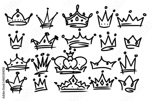 Sketch crown. Simple graffiti crowning, elegant queen or king crowns hand drawn. Royal imperial coronation symbols, monarch majestic jewel tiara isolated icons vector illustration set