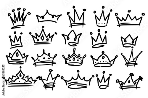 Sketch crown. Simple graffiti crowning, elegant queen or king crowns hand drawn. Royal imperial coronation symbols, monarch majestic jewel tiara isolated icons vector illustration set