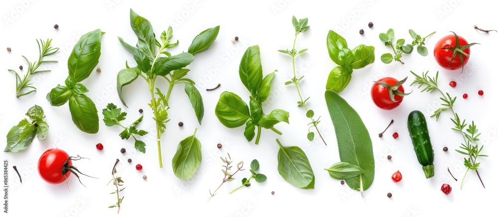 Fresh vegetables and herbs seen from above with a white background. Fresh vegetables and herbs seen from above with a white background.