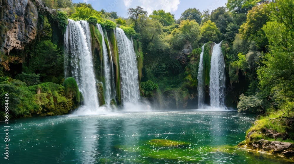 Fototapeta premium waterfall in dense green forest and beautiful views