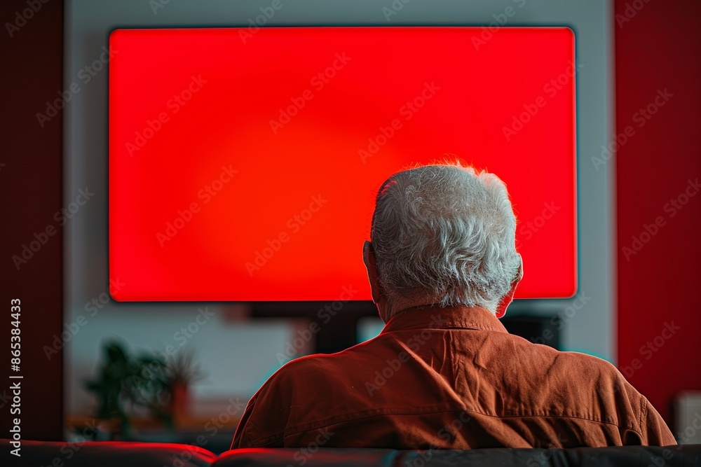 App preview over shoulder of a senior man in front of an smart-tv with an entirely red screen App preview over shoulder of a senior man in front of an smart-tv with an entirely red screen