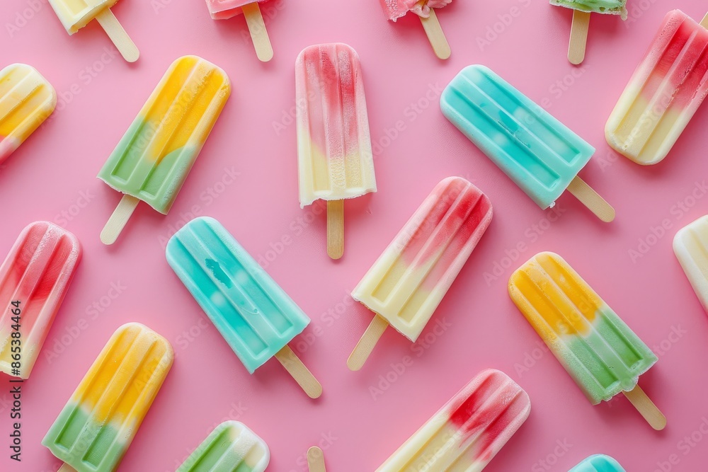 The pattern is made of colorful ice cream bars, ice lollies, and popsicles on pastel pink color background. Trendy summer concept with frozen ice pops. Still life. Flat lay, copy space The pattern is made of colorful ice cream bars, ice lollies, and popsicles on pastel pink color background. Trendy summer concept with frozen ice pops. Still life. Flat lay, copy space