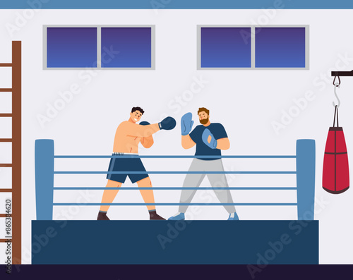 Boxing training vector illustration in gym.