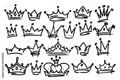 Sketch crown. Simple graffiti crowning, elegant queen or king crowns hand drawn. Royal imperial coronation symbols, monarch majestic jewel tiara isolated icons vector illustration set