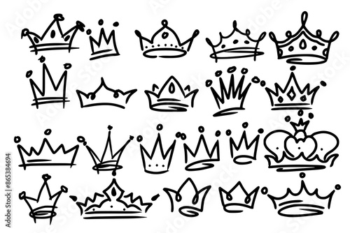 Sketch crown. Simple graffiti crowning, elegant queen or king crowns hand drawn. Royal imperial coronation symbols, monarch majestic jewel tiara isolated icons vector illustration set