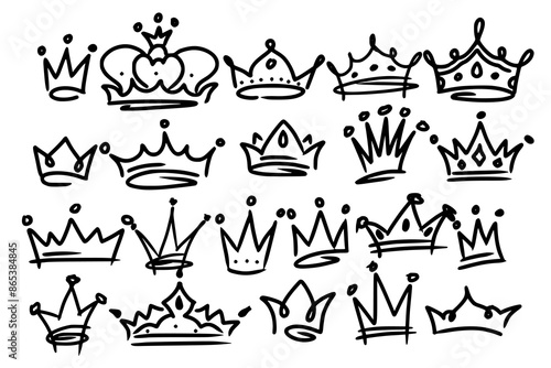 Sketch crown. Simple graffiti crowning, elegant queen or king crowns hand drawn. Royal imperial coronation symbols, monarch majestic jewel tiara isolated icons vector illustration set
