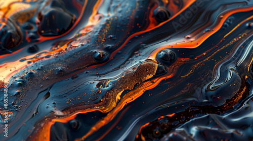 Black liquid background with flowing waves of oil, featuring dark and shiny colors. Abstract texture for design in the style of 3D rendering. High-resolution photo with orange detail 