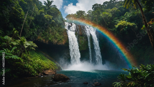 Big waterfall in tropical forest with rainbow above.