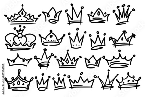 Sketch crown. Simple graffiti crowning, elegant queen or king crowns hand drawn. Royal imperial coronation symbols, monarch majestic jewel tiara isolated icons vector illustration set