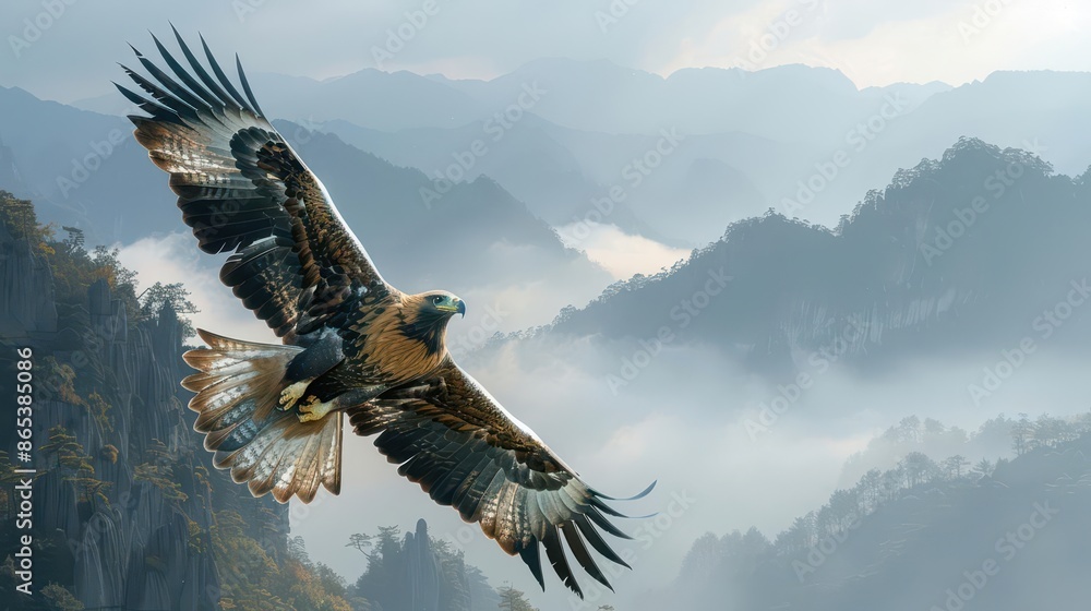 Fototapeta premium Show a robotic wildlife photographer capturing a golden eagle swooping down with wings outstretched, showcased against a backdrop of misty mountains