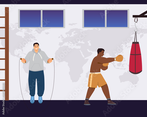 Boxing training vector illustration in gym.
