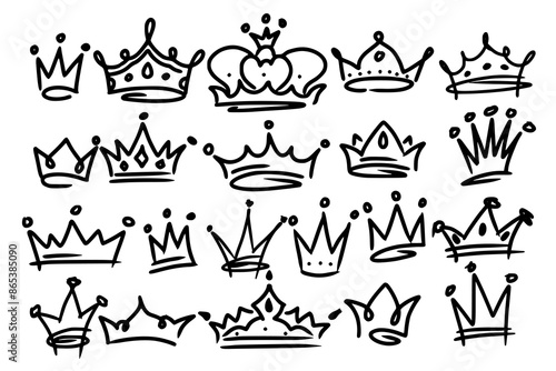 Sketch crown. Simple graffiti crowning, elegant queen or king crowns hand drawn. Royal imperial coronation symbols, monarch majestic jewel tiara isolated icons vector illustration set
