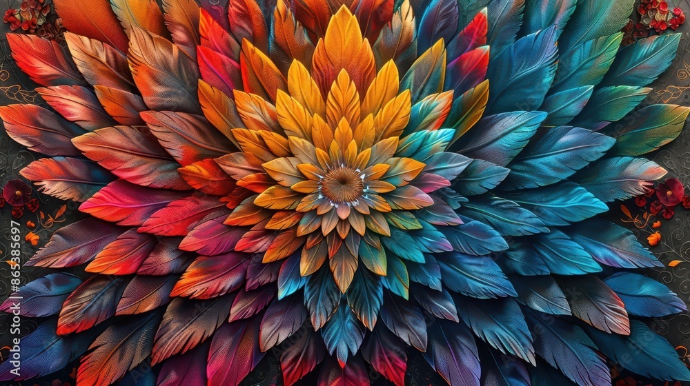 Obraz premium An intricate mandala pattern formed by colorful feathers of mythical birds viewed from above