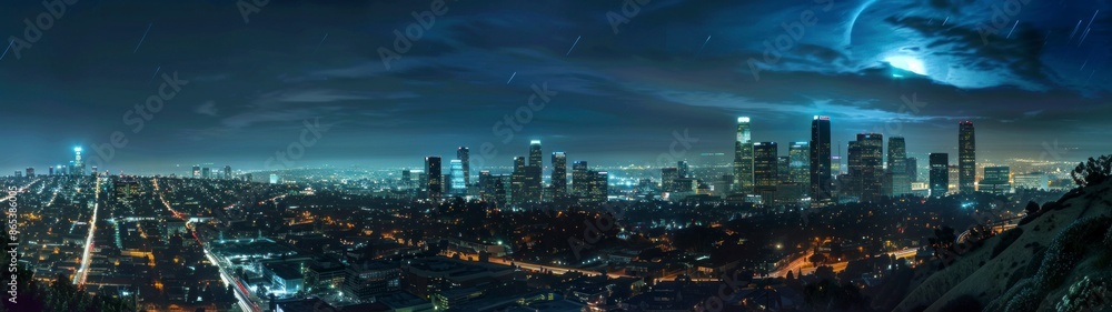 Fototapeta premium 32:9 panoramic view of the city of Los Angeles at night