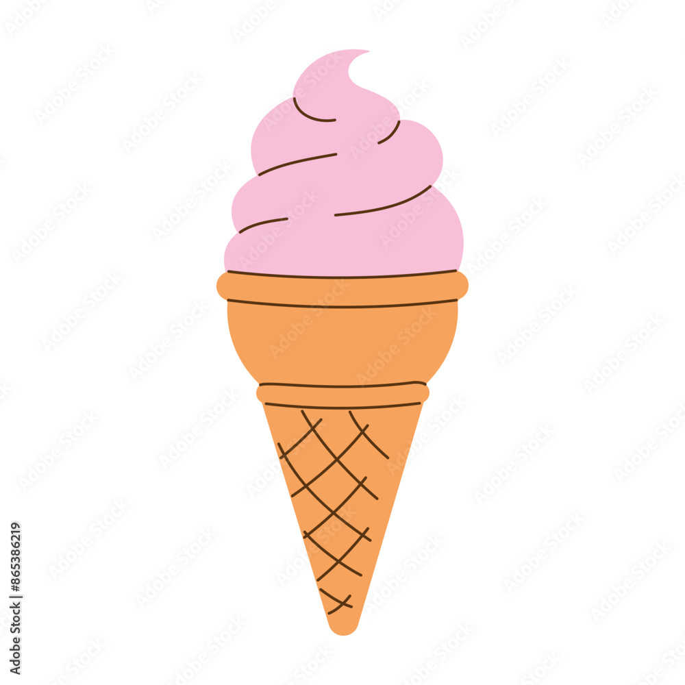 Hand drawn image of strawberry soft serve ice cream in a waffle cone on a transparent background. Minimalistic flat vector illustration EPS10