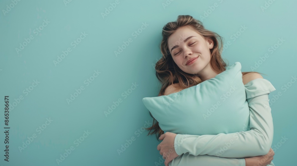 Happy woman hugging pillow on blue background. Happy woman hugging pillow on blue background.
