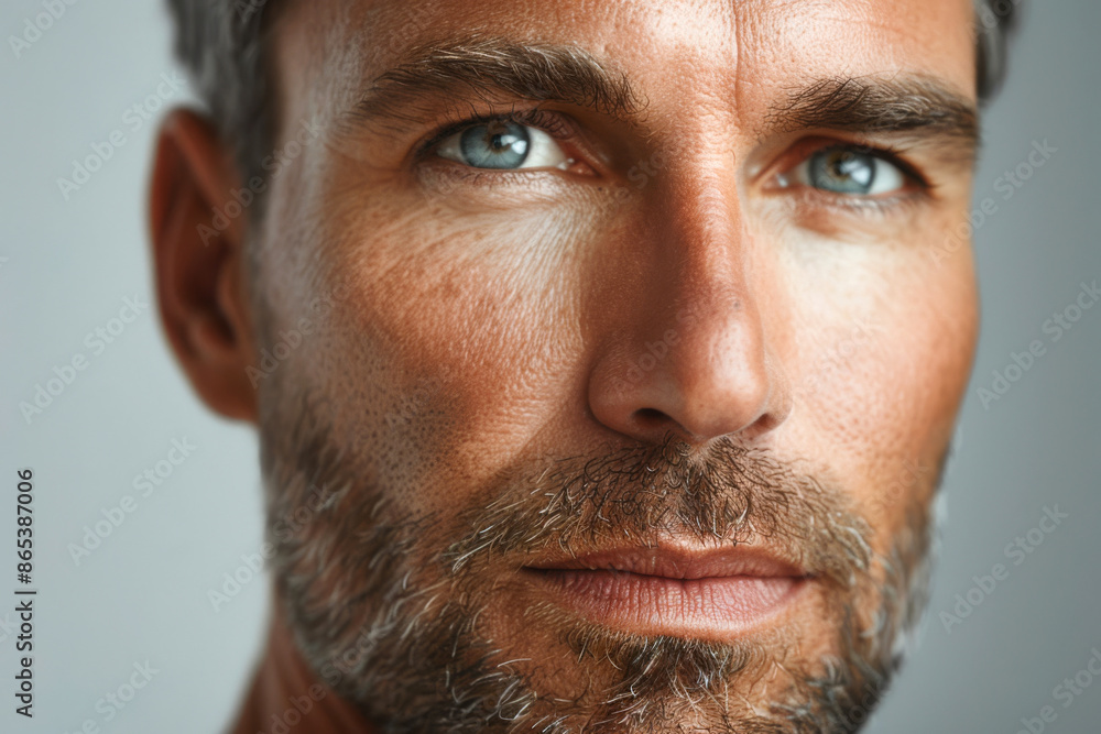 Close-up of a handsome man with blue eyes and gray hair, highlighting facial features and skincare Close-up of a handsome man with blue eyes and gray hair, highlighting facial features and skincare