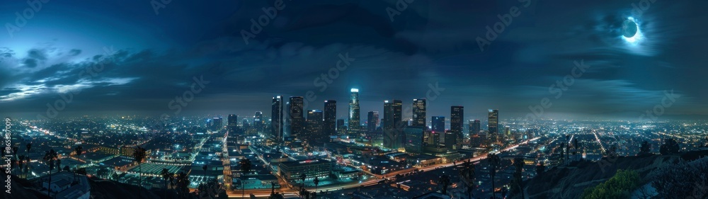 32:9 panoramic view of the city of Los Angeles at night 32:9 panoramic view of the city of Los Angeles at night