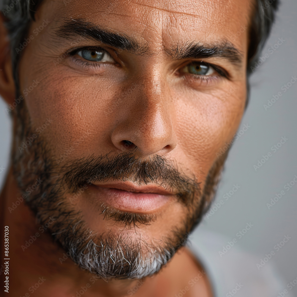 Fototapeta premium Portrait of a mature man with gray hair and blue eyes, focusing on skincare