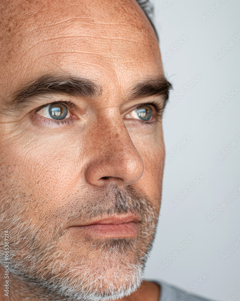 Fototapeta premium Profile portrait of a mature man with gray hair and blue eyes, showcasing healthy skin