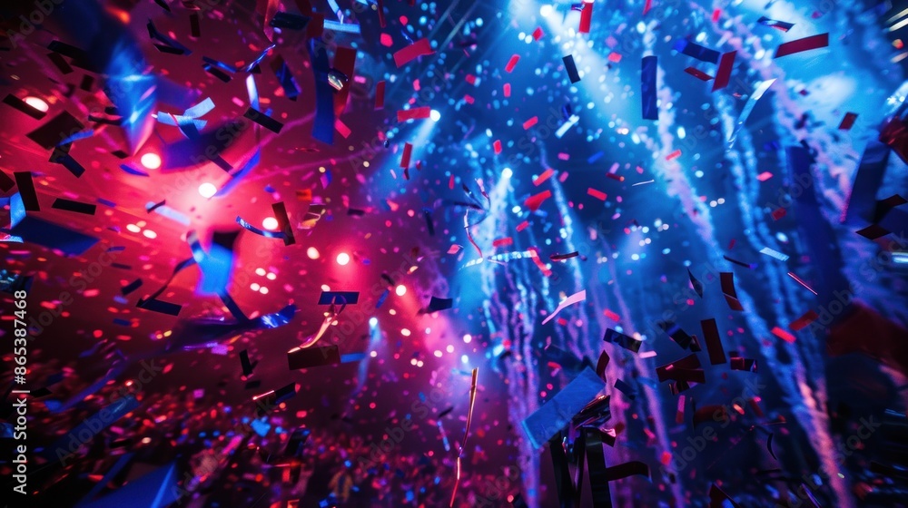 confetti and streamers flying in the air, red and blue lights confetti and streamers flying in the air, red and blue lights