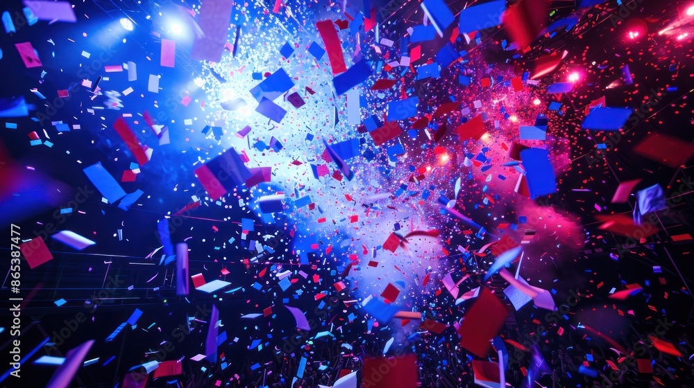 confetti and streamers flying in the air, red and blue lights confetti and streamers flying in the air, red and blue lights