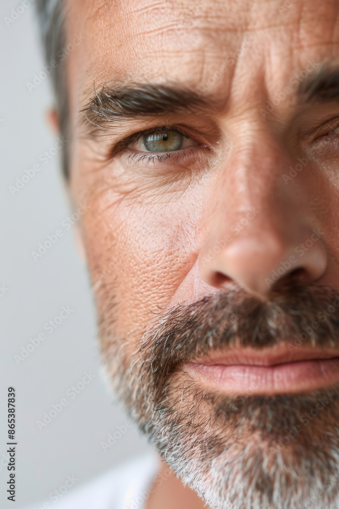 Obraz premium A middle-aged American man with a well-groomed beard and clear skin, demonstrating facial skincare in a close-up portrait