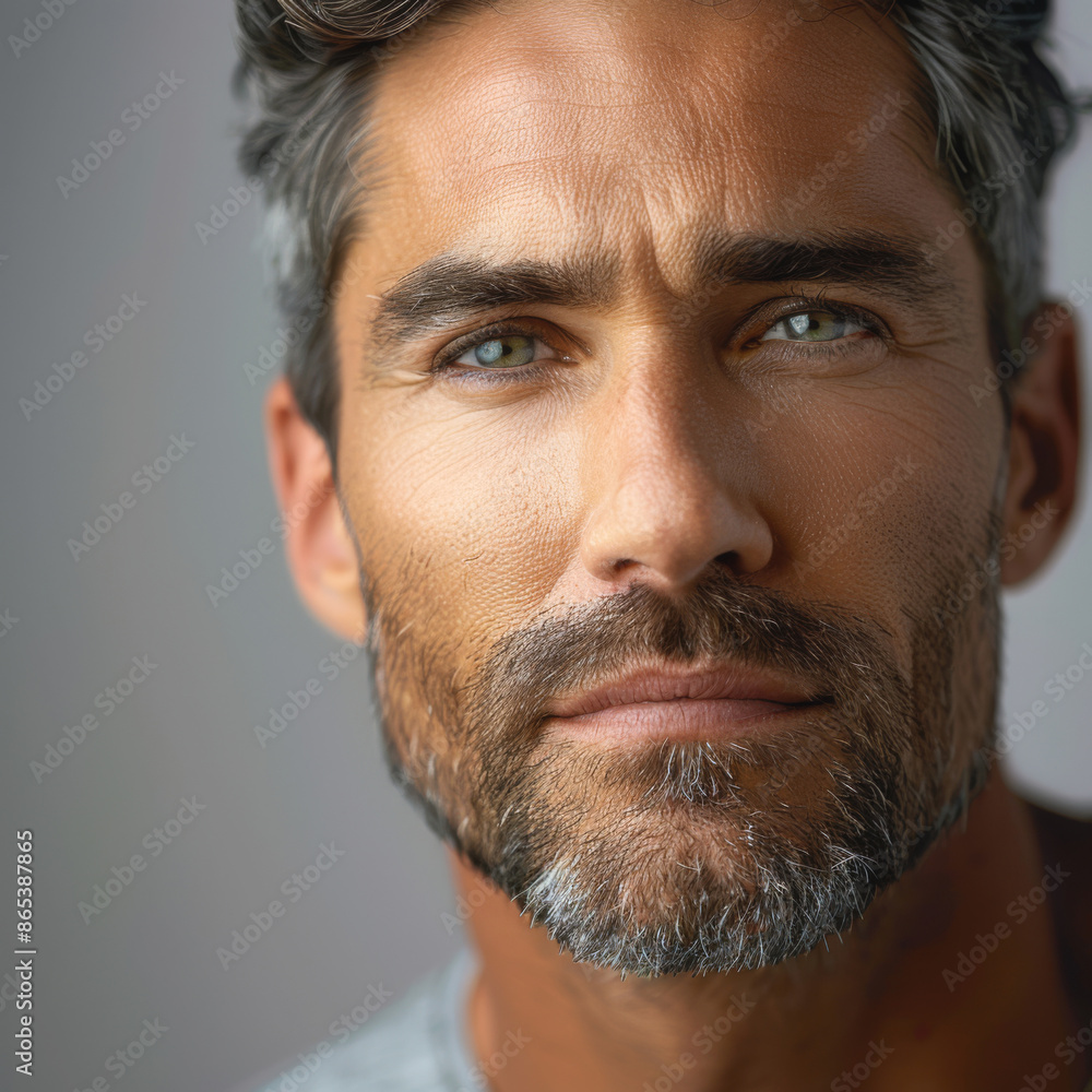 Fototapeta premium A middle-aged American man with a well-groomed beard and clear skin, demonstrating facial skincare in a close-up portrait