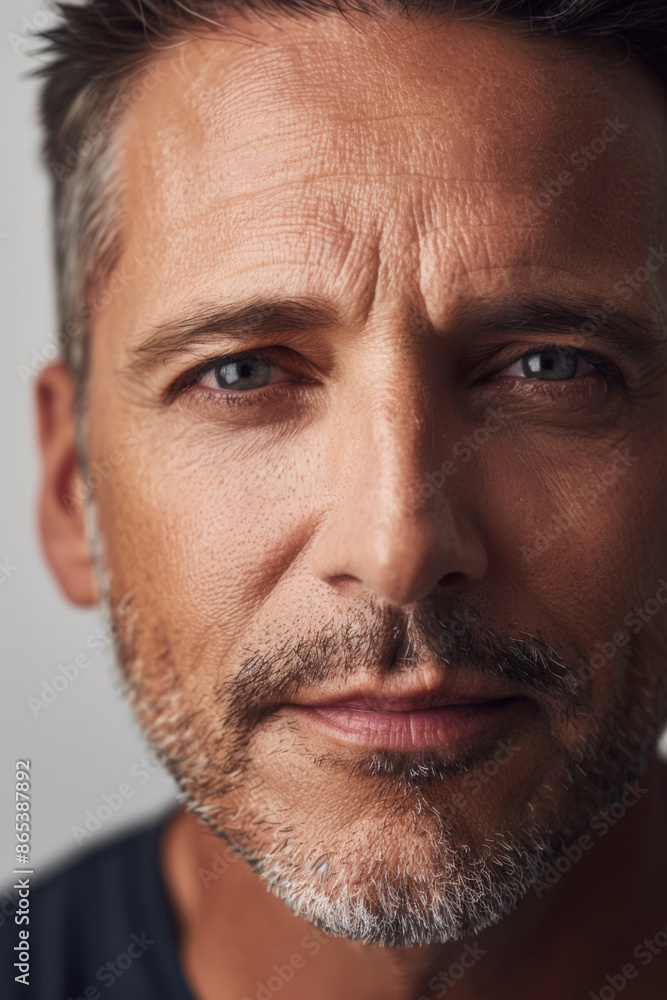 Obraz premium A middle-aged American man with a well-groomed beard and clear skin, demonstrating facial skincare in a close-up portrait