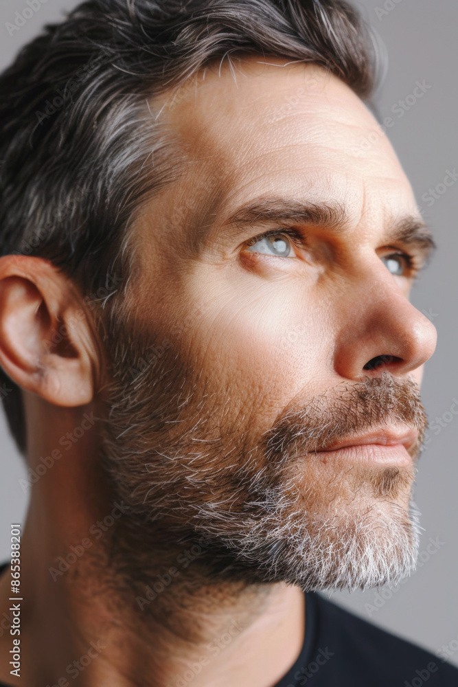 Obraz premium A portrait of an American man highlighting his facial skin care routine, close-up view