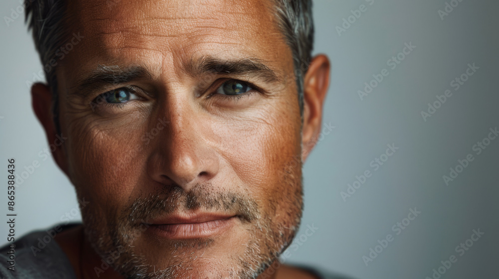 Obraz premium A close-up portrait of an American man with a serious expression, emphasizing the texture and details of his skin