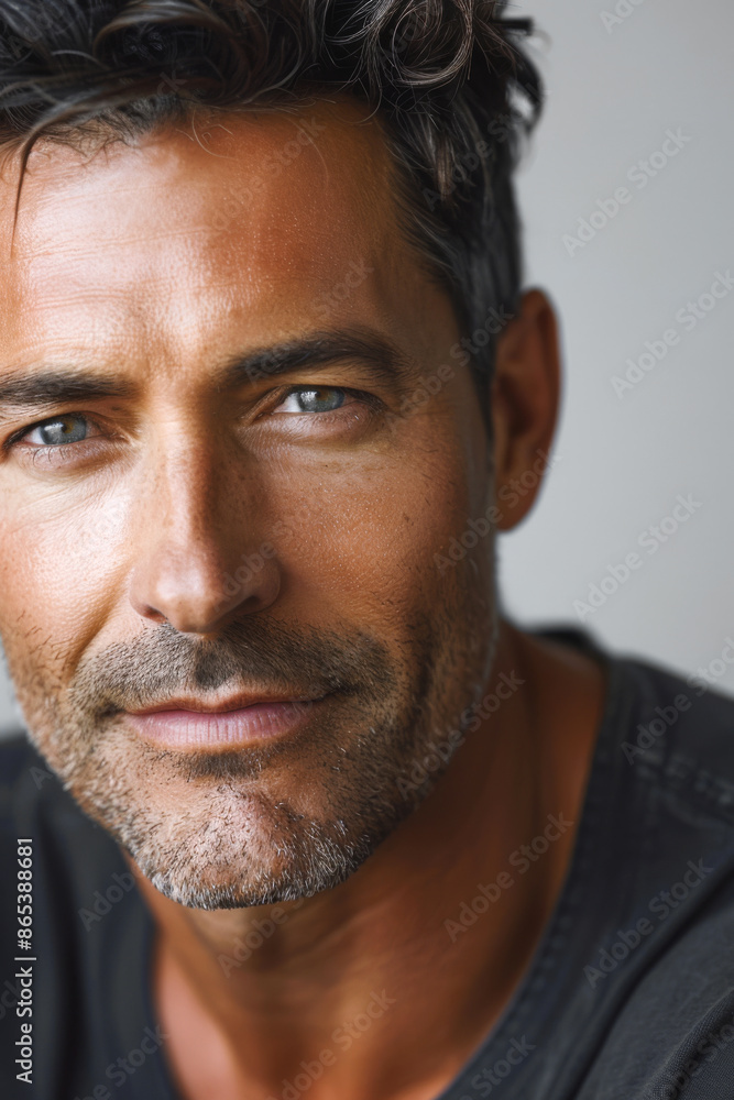 Fototapeta premium A close-up portrait of an American man with a soft gaze, showcasing the texture and details of his face