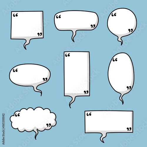 Black and white hand draw doodle speech bubble balloon with quotation marks, icon sticker memo keyword planner text box banner, flat vector illustration design isolated